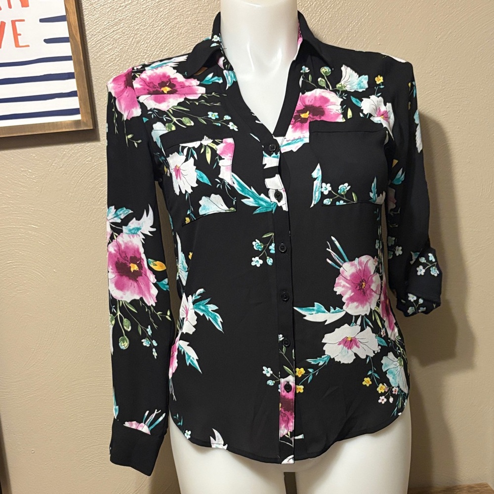 NWOT- Express Black Floral Button-Down Shirt